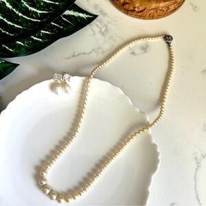 Antique Art Deco Silver Tone Champagne Faux Pearl Necklace & Earring Set Vintage
